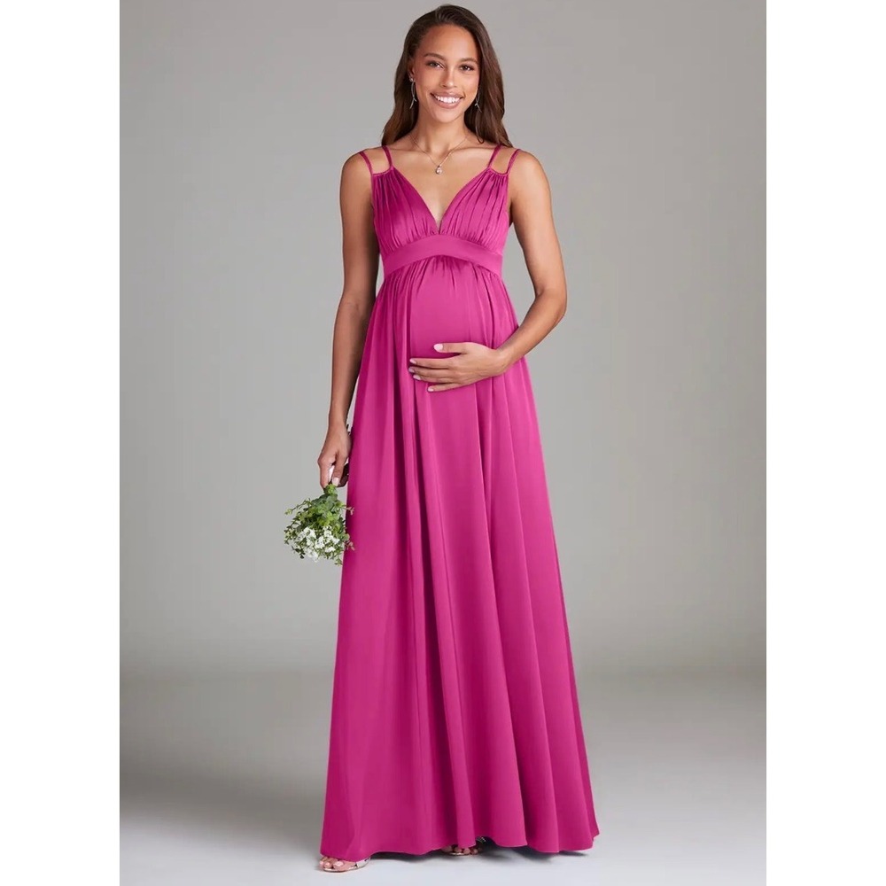 Azazie Maternity Emree Fuschia V-Neck‎ Satin Maxi Bridesmaid Dress Womens 10 NEW